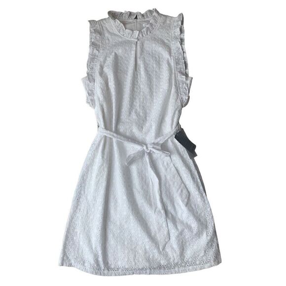 London Times White Eyelet Ruffled Neck and Armhole Mini Dress with Waist Tie - Picture 7 of 12